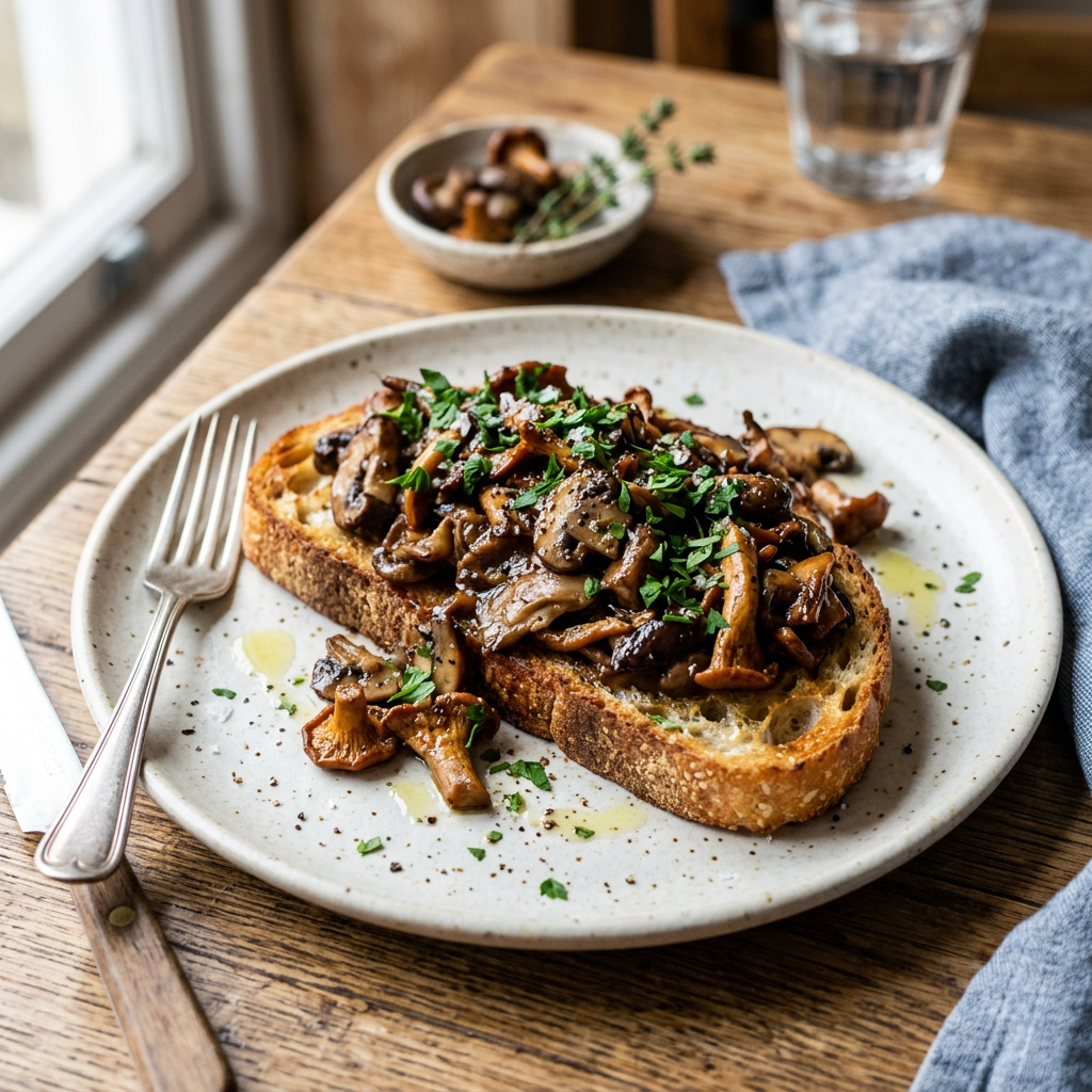 Toast topped with sautéed mixed mushrooms and chopped green herbs on a plate
