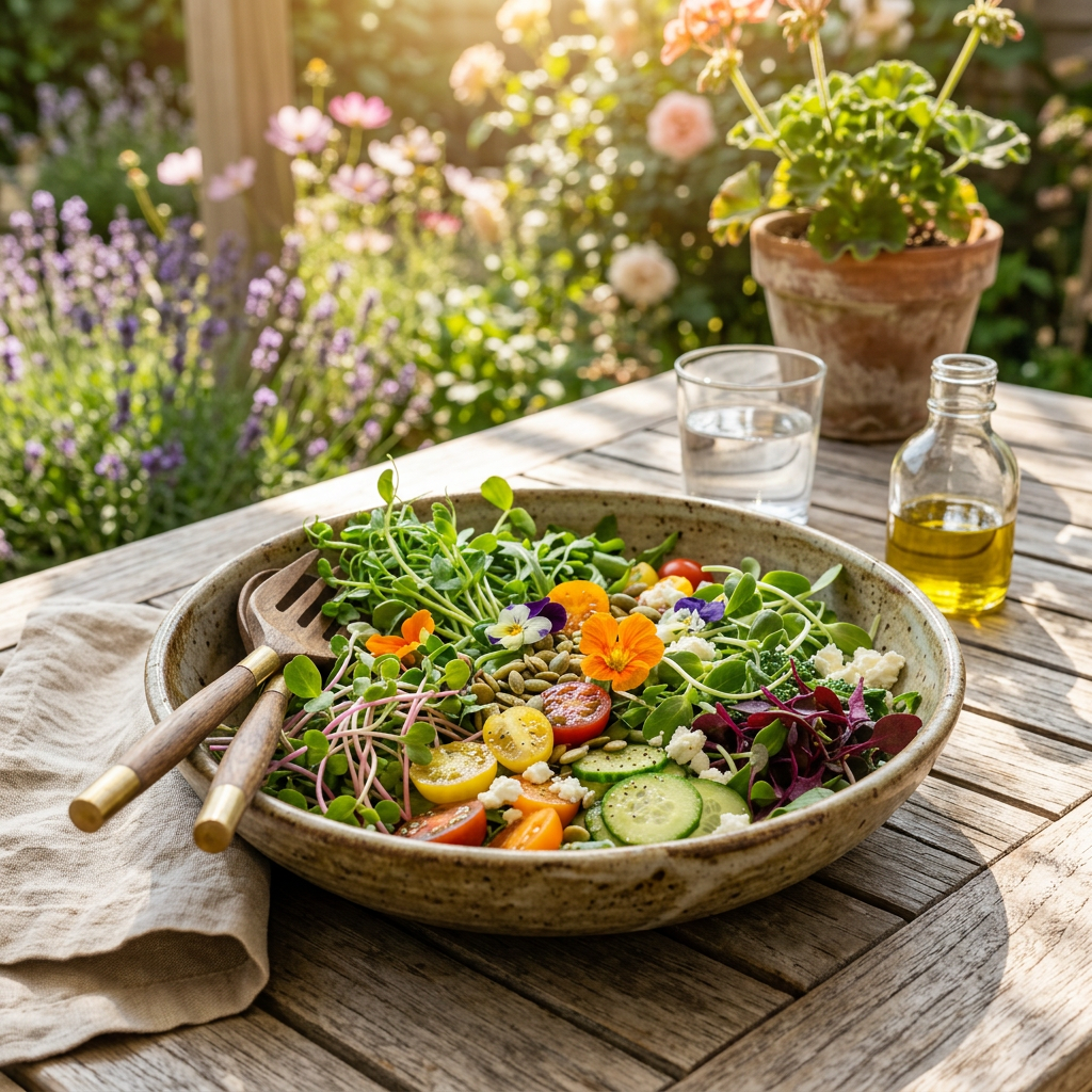 Salad with mixed greens, cherry tomatoes, cucumbers, seeds, cheese, and edible flowers